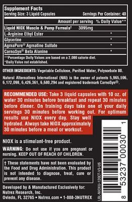 NIOX Ultra Nutrex - Tabela Nutricional